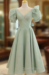 Simple Green V Neck Satin Short Evening Prom Dress, Green Evening Dress