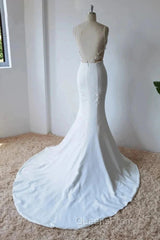 Simple Italian Noodle Strap Satin Mermaid Modern Floor Mopping Wedding Dress