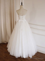 Simple Lace Tea Length White Prom Dress, Tulle Lace Bridesmaid Dress