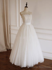 Simple Lace Tea Length White Prom Dress, Tulle Lace Bridesmaid Dress