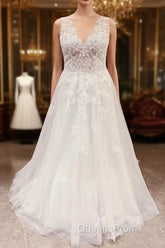 Simple Long V-neck A-Line Backless Wedding Dress With Appliques Lace