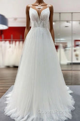 Simple Long V-neck Sequins Ruffles A-line Tulle Backless Wedding Dress