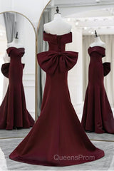 Simple Mermaid Satin Burgundy Long Evening Prom Dress, Burgundy Long Formal Dress