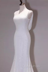 Simple Mermaid Spaghetti Straps Sequin White Long Wedding Dress
