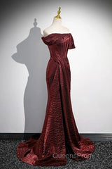 Simple Off Shoulder Burgundy Long Evening Prom Dress, Burgundy Long Formal Dress