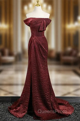 Simple Off Shoulder Burgundy Long Evening Prom Dress, Burgundy Long Formal Dress