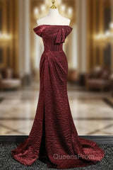 Simple Off Shoulder Burgundy Long Evening Prom Dress, Burgundy Long Formal Dress