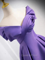 Simple Off Shoulder Satin Purple Long Evening Prom Dress Court Train Dress Evening Dress