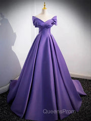 Simple Off Shoulder Satin Purple Long Evening Prom Dress Court Train Dress Evening Dress