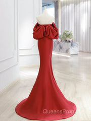 Simple Off Shoulder Satin Red Mermaid Long Evening Prom Dress, Red Long Formal Dress