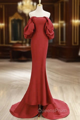 Simple Off Shoulder Satin Red Mermaid Long Evening Prom Dress, Red Long Formal Dress