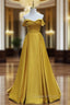 Simple Off Shoulder Satin Yellow Long Evening Prom Dress, Yellow Long Evening Dress