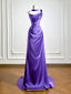 Simple One Shoulder Satin Sweep Train Purple Classy Prom Dress