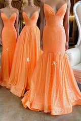 Simple Orange sequin long Evening Prom Dress orange long evening Dress
