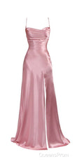 Simple Pink Spaghetti Straps Long Evening Prom Dress with Split