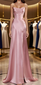 Simple Pink Spaghetti Straps Long Evening Prom Dress with Split