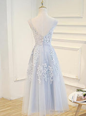 Simple Pretty Light Grey Tea Length Prom Dress, Tea Length Bridesmaid Dress