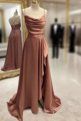 Simple Evening Prom Dress, A-line Bateau Spaghetti Straps Long/Floor-Length Satin Evening Prom Dress With Pleated Split