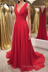 Simple Red V Neck and V Back Chiffon Long Evening Prom Dress, V Neck Red Long Evening Dress, Red Formal Dress, Graduation Dress