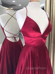 Simple red v neck satin long Evening Prom Dress, red evening Dress