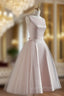 Simple Round Neck Satin Short Evening Prom Dress, Pink Tulle Bridesmaid Dress