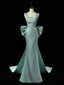 Simple Satin Green Long Classy Prom Dress, Green Long Classy Dress With Bow Tie