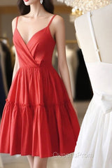 Simple Satin Red Short Evening Prom Dress Red Cocktail Dress