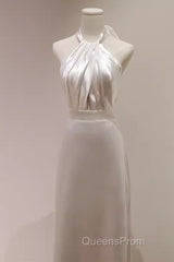 Simple Sheath Satin White Long Wedding Dress Backless Brides Dress