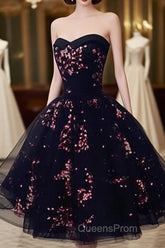 Simple Short Black Tulle Party Dress With Floral, Lovely Short Evening Prom Dress