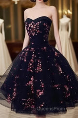 Simple Short Black Tulle Party Dress With Floral, Lovely Short Evening Prom Dress