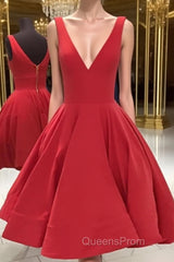 Simple Short V Neck Red Satin Evening Prom Dress, Short Red Formal Homecoming Dress