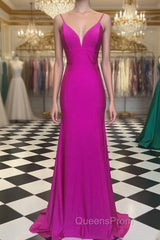 Simple Spagehtti Straps Fuchsia Satin Mermaid Evening Prom Dress