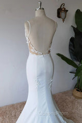Simple Spaghetti Straps Satin Mermaid Ivory Wedding Dress Bridal Gown