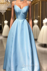 Simple sweetheart blue satin long Evening Prom Dress, blue evening Dress