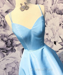 Simple sweetheart blue satin long Evening Prom Dress, blue evening Dress