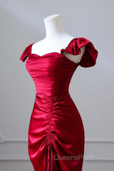 Simple Sweetheart Neck Satin Burgundy Long Evening Prom Dress, Burgundy Long Formal Dress