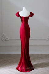 Simple Sweetheart Neck Satin Burgundy Long Evening Prom Dress, Burgundy Long Formal Dress