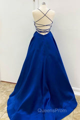 Simple V Neck Backless Royal Blue Satin Long Evening Prom Dress, Royal Blue Backless Formal Dress, Royal Blue Evening Dress, Ball Gown