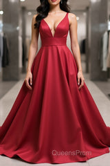 Simple v neck burgundy satin long Evening Prom Dress burgundy formal Dress