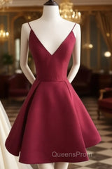 Simple V Neck Burgundy Short Evening Prom Dress, Burgundy Homecoming Dress
