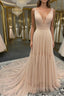Simple v neck champagne tulle long Evening Prom Dress, champagne evening Dress