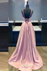 Simple v neck pink satin long Evening Prom Dress pink formal Dress