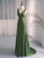 Simple V Neck Satin Green Long Classy Prom Dress, Green Long Classy Dress