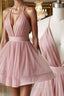 Simple v neck tulle pink short Evening Prom Dress pink bridesmaid Dress
