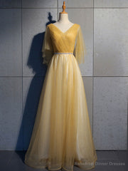 Simple V Neck Tulle Sequin Long Prom Dress, A line Tulle Evening Dresses