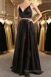 Simple V Neck Two Pieces Black Evening Prom Dress, 2 Pieces Black Long Formal Dress, Black Evening Dress