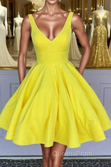 Simple V Neck Yellow Short Evening Prom Dress, V Neck Yellow Homecoming Dress, Yellow Graduation Formal Evening Dress