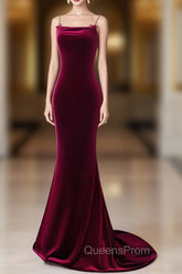 Simple Velvet Mermaid Burgundy Long Evening Prom Dress, Burgundy Long Evening Dress