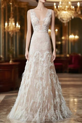 Simple Wedding Dress Lace A Line V Neck Sleeveless Beaded Floor Length Feather Bridal Gowns