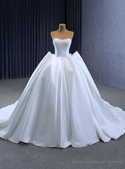 Simple White Satin Strapless Lace Wedding Dress